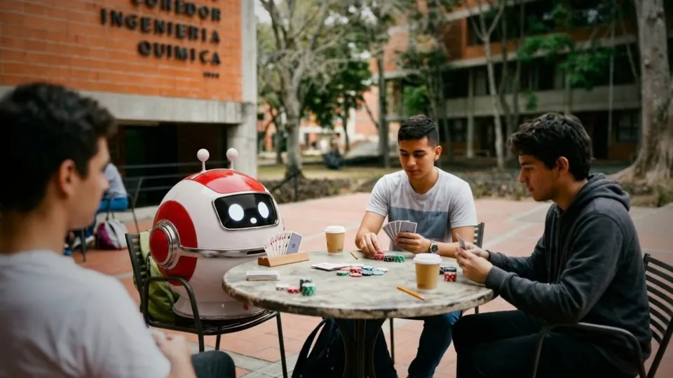Tres estudiantes en una mesa del campus, frente al corredor de Ingeniería Química, junto al robot blanco y rojo de SERO: una dinámica entre pares.